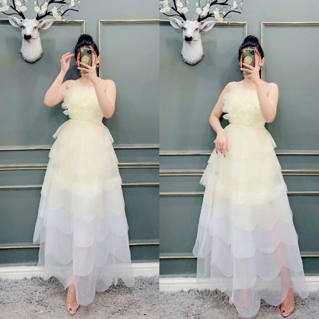 Đầm maxi dự tiệc2 dây xếp tầng phối hoa nổi TRIPBLE T DRESS - size M/L (ảnh chụp thật) MS48V