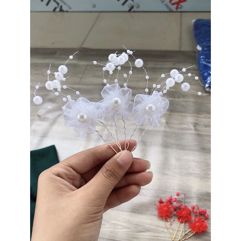 Trâm hoa cài tóc cô dâu chuỗi hạt nhựa( 2 màu đỏ, trắng )