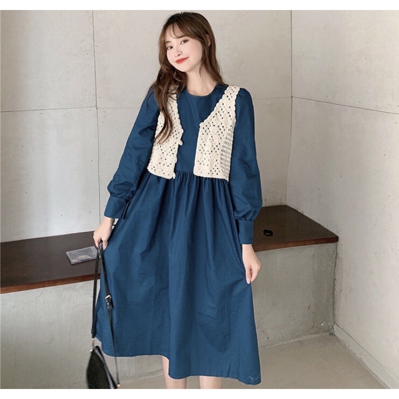 Set Đầm Babydoll Phối Áo Gile Len Hoa Nổi, Phong Cách Retro