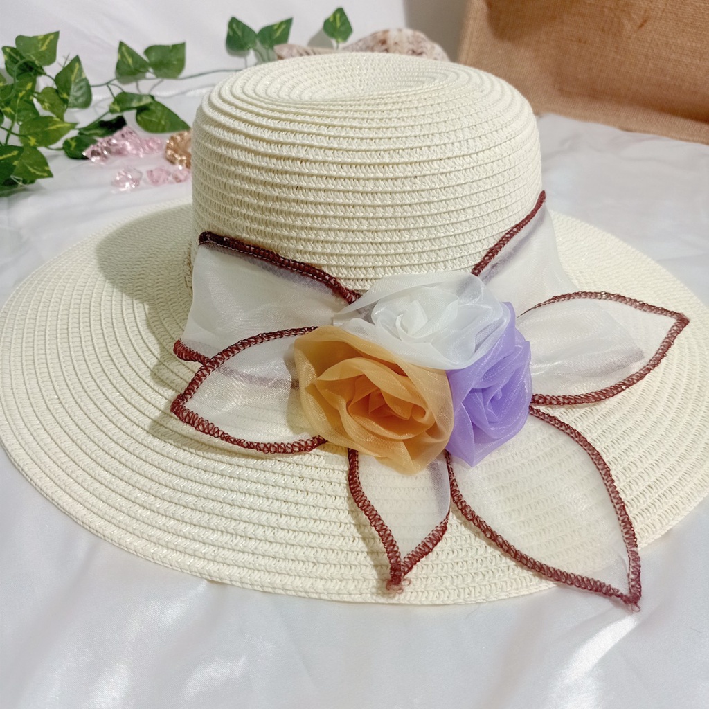 Nón cói/mũ cói nữ đi biển vành rộng phối hoa bản to rực rỡ sang chảnh hình chụp thật-vành rộng hoa to