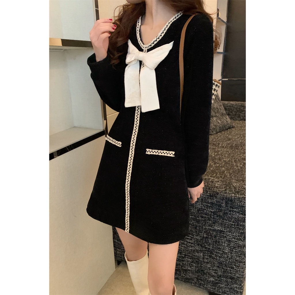 Đầm nữ lưng cao thắt nơ thời trang thu đông mới 2021