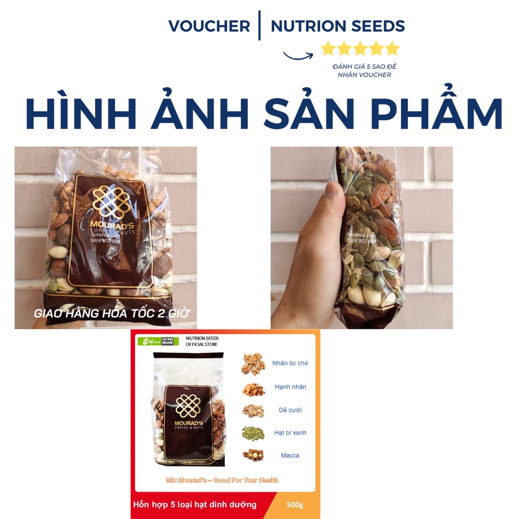 Hạt hỗn hợp mixed 5 loại hạt cao cấp (Hạnh nhân, macca, óc chó, hạt dẻ cười, bí xanh) Mourad Úc