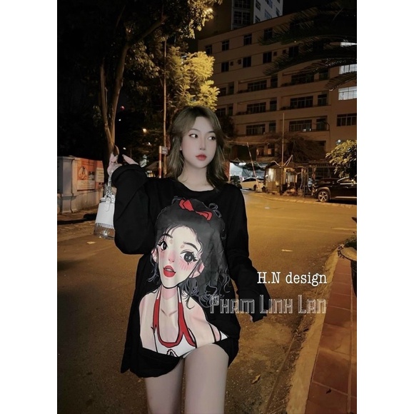 Áo Thun Tay Dài Fom Rộng 60kg Tici Cô Gái Hoạt Hình Siêu Xinh