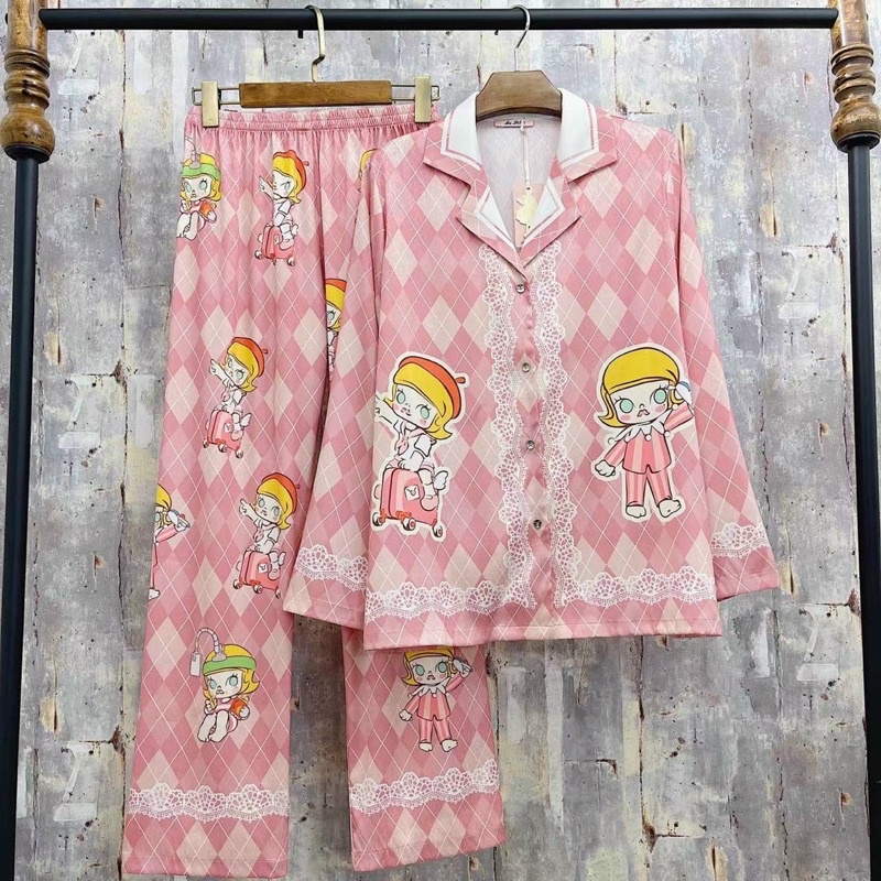 [Hàng sẵn] bộ ngủ mặc nhà pijama lụa xước cao cấp Quảng Châu tay dài ren thoi hồng