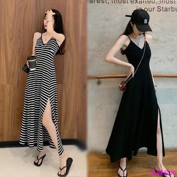 Đầm Maxi Dáng Dài Cổ Chữ V Họa Tiết Kẻ Sọc Phong Cách Hàn Quốc♡