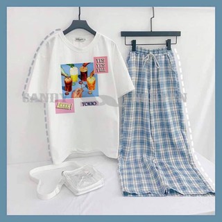 [UNISEX] SET UNISEX - SET ÁO THUN TAY LỞ FORM RỘNG + QUẦN CARO MÀU XANH DƯƠNG - PLAID PANT - QUẦN CARO ỐNG RỘNG