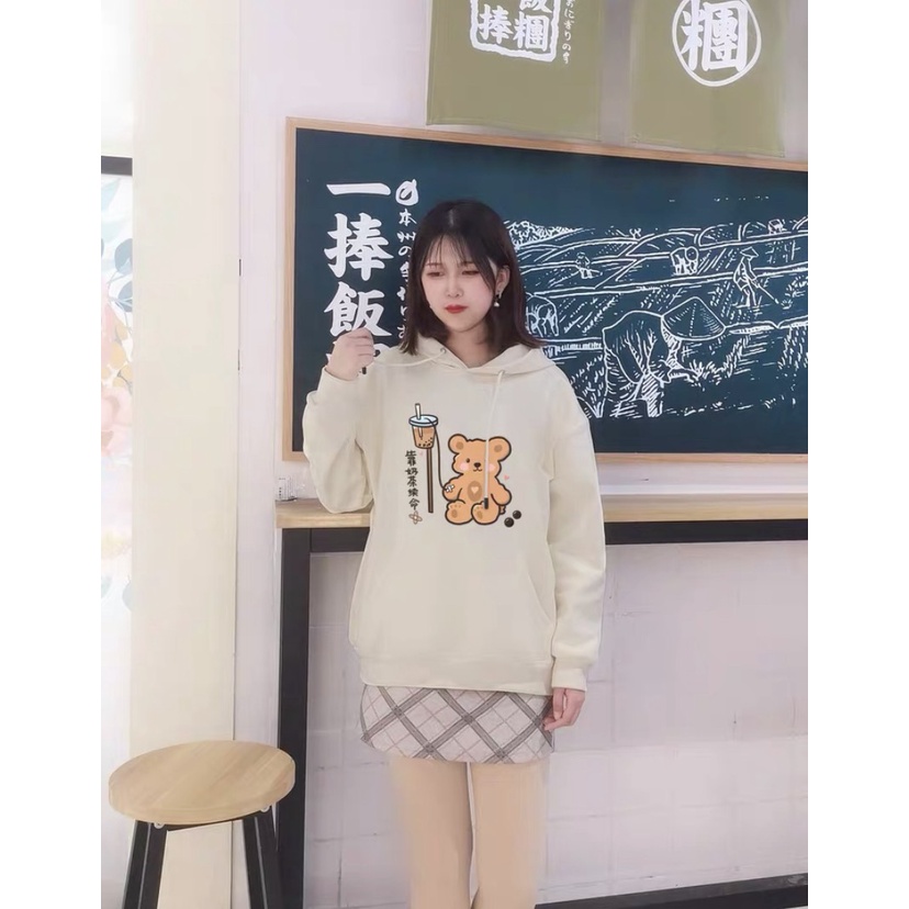 ÁO HOODIE NỮ IN GẤU TRÀ SỮA