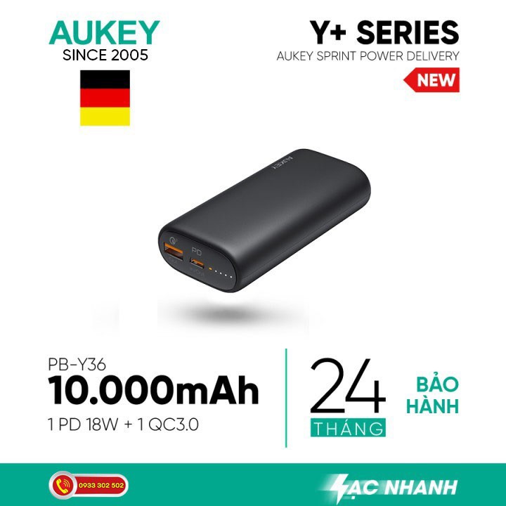 Pin Sạc Aukey PB-Y36 10.000 mAh, Lõi Tesla Bền X7 Lần, Sạc Nhanh 18W