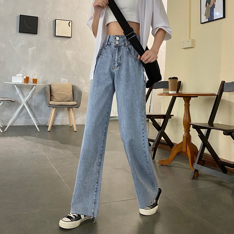 Quàn jeans lưng cao óng rộng thời trang Hàn Quốc cá tính cho nữ