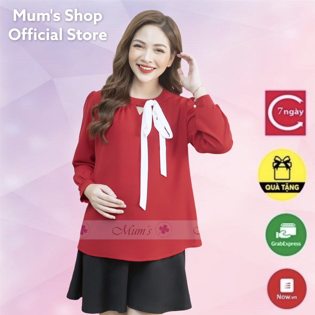 ÁO BẦUFREESHIPÁO voan đỏ cổ tròn nơ cổ  Thời trang bầu công sở