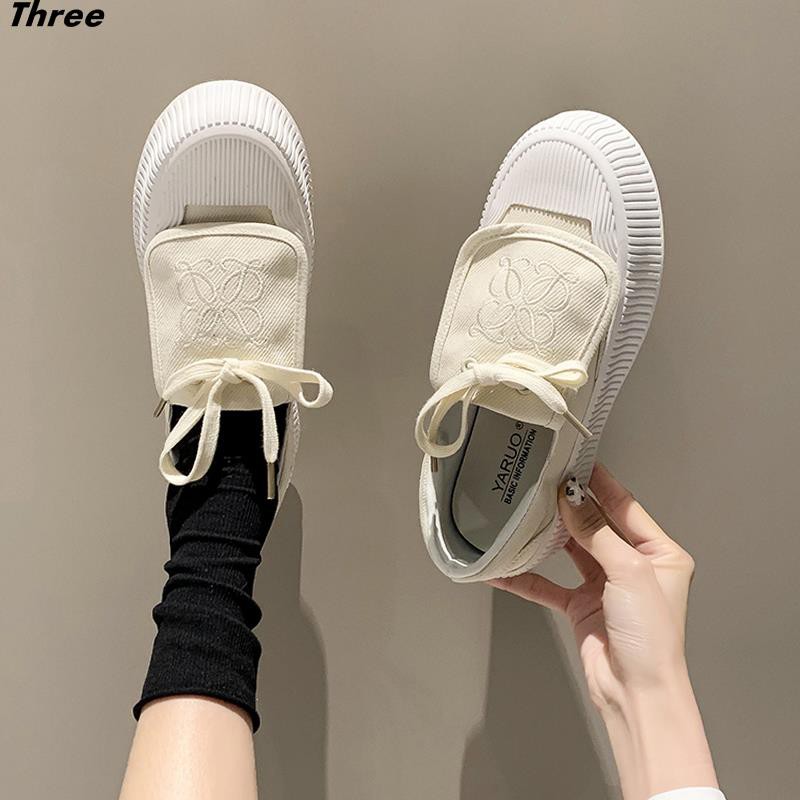 Women's shoes, single shoes, biscuit shoes, women's thick-soled color-blocking casual canvas shoes, women's Korean style flap embroidery