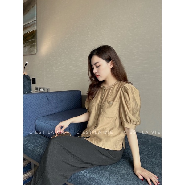 Áo tơ hàn cổ tròn túi ngực - quần xuông đũi hàn C'est la vie