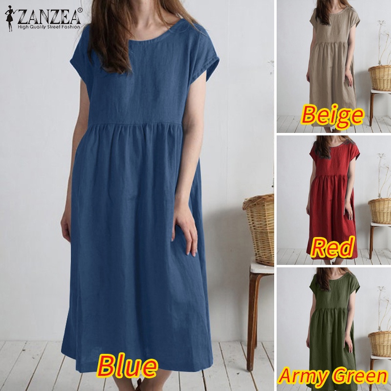 Đầm Dài Tay Ngắn Màu Trơn Có Túi Thời Trang Cho Nữ ZANZEA