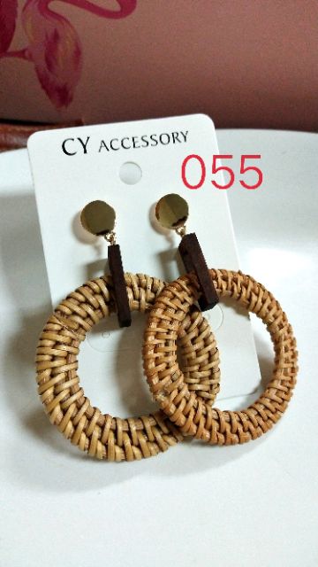 SALE Khuyên tai mây tre đan phối gỗ hình học hàn quốc khuyên tai cói nữ Thời trang Cá tính Hot