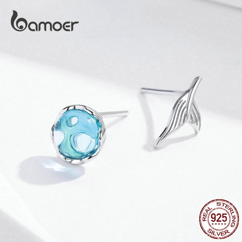 Khuyên tai BAMOER bạc 925 kiểu đuôi cá đính đá cho nữ