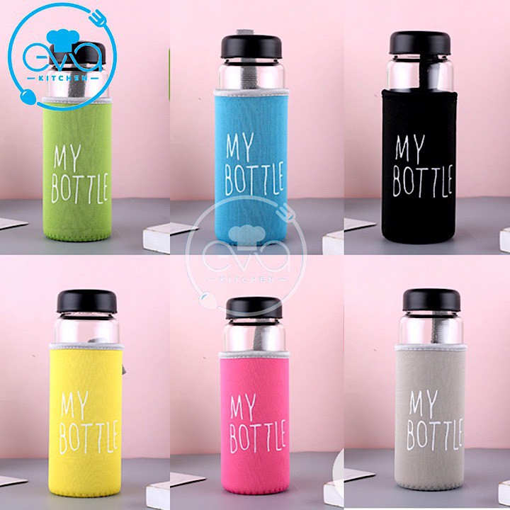 Bình Nước Thủy Tinh In Chữ My Bottle Kèm Vỏ Bọc Vải Neoprene Và Túi Vải Dây Rút Nhiều Màu 500ml