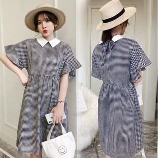 Đ 89    Đầm Bầu sọc caro ống tay xòe điệu đà cổ búp bê