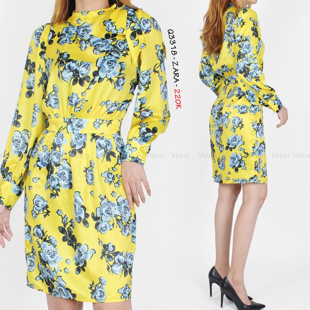 Q3318 - Đầm ZARA tay dài xếp ly in hoa lá