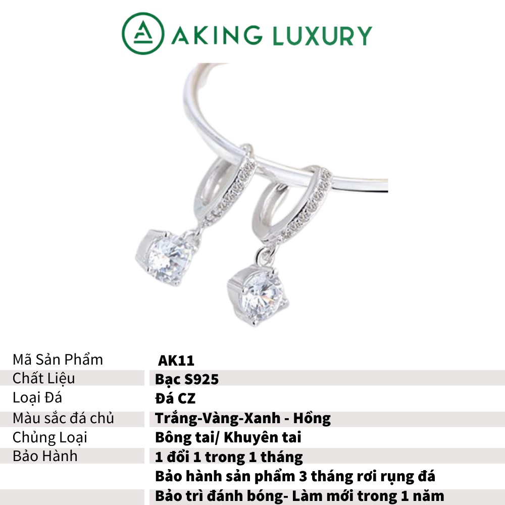 Bông tai AKING LUXURY AK11 cao cấp, Khuyên tai bạc đính đá sang trọng, có nhiều màu đá. Bông tai bạc mới nhất 2021
