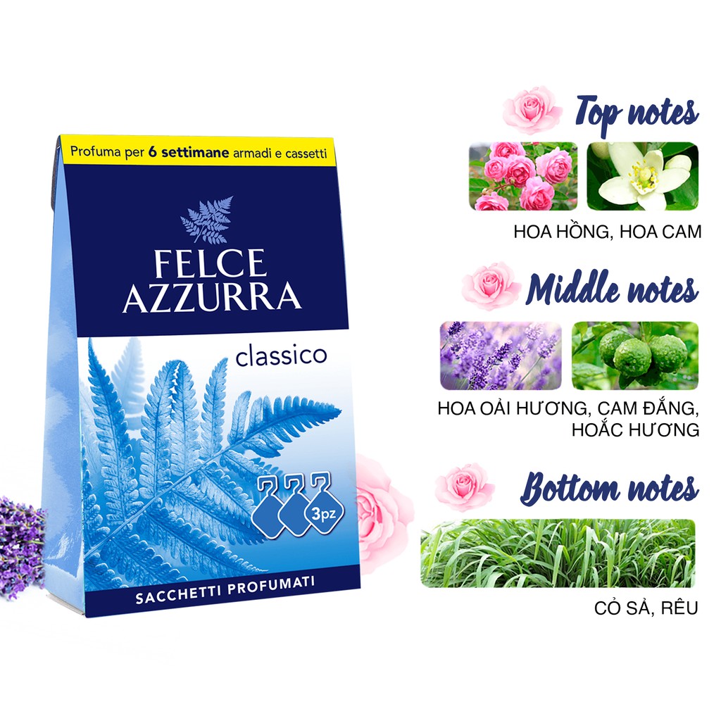 Túi thơm 6 tuần treo tủ quần áo hương nước hoa Ý Felce Azzurra 36g, hương cỏ sả, oải hương, hoa hồng