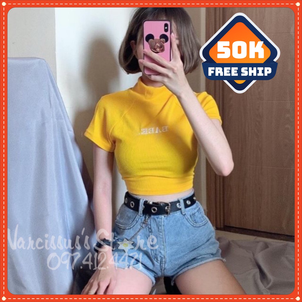 [Nhiều màu] Áo croptop cổ lọ chất cotton co giãn tốt HOT 2020