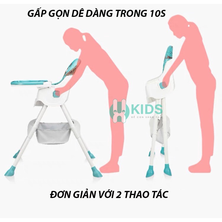 Ghế ăn dặm đa năng kích thước lớn, 2 chế độ chân, có thể gấp gọn, kèm túi đựng đồ tiện dụng cho bé từ 6 tháng