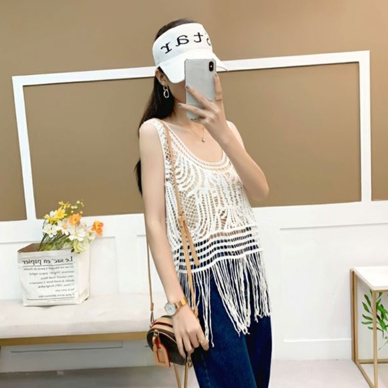 Áo Tank Top Dệt Kim Mỏng Nhẹ Không Tay Phối Tua Rua Thời Trang Mùa Hè Cho Nữ