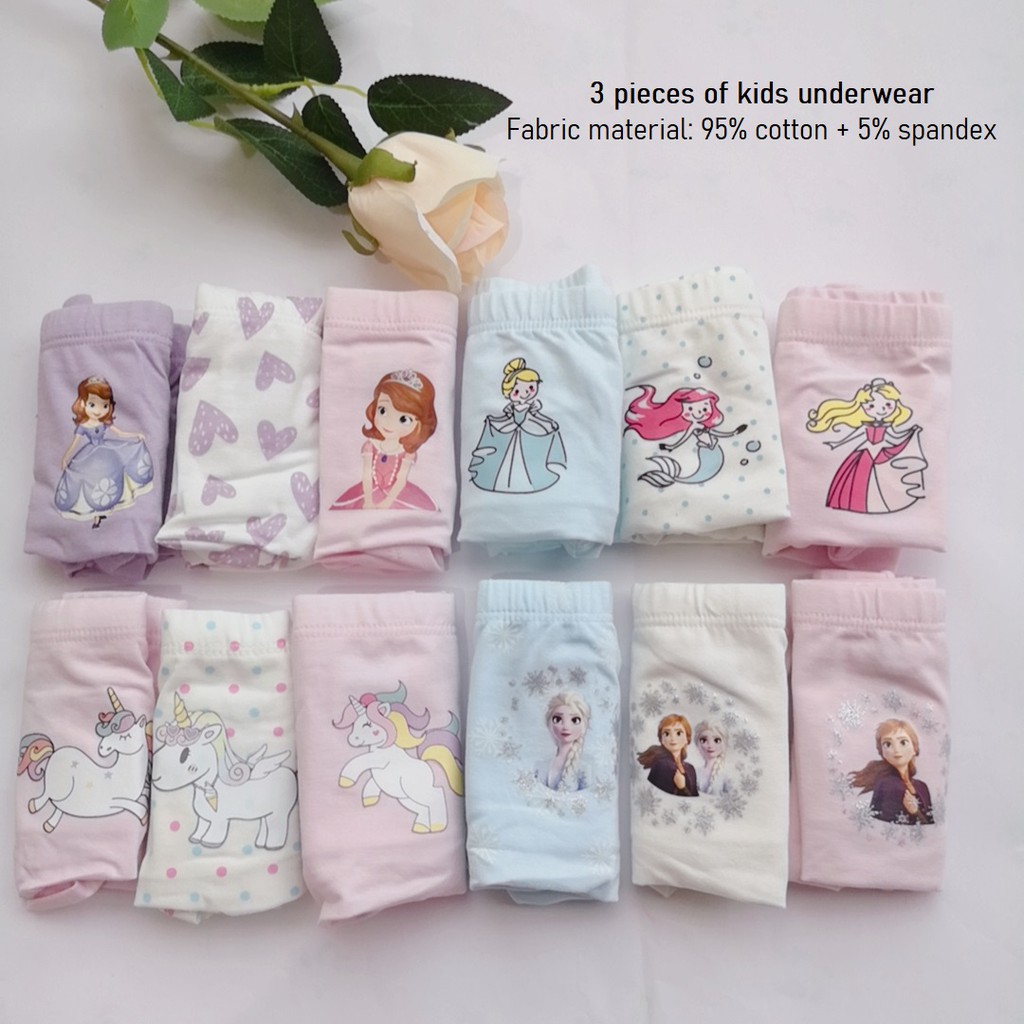 Set 3 Quần Lót In Hình Công Chúa Disney 95% Cotton Cho Bé 2-12 Tuổi