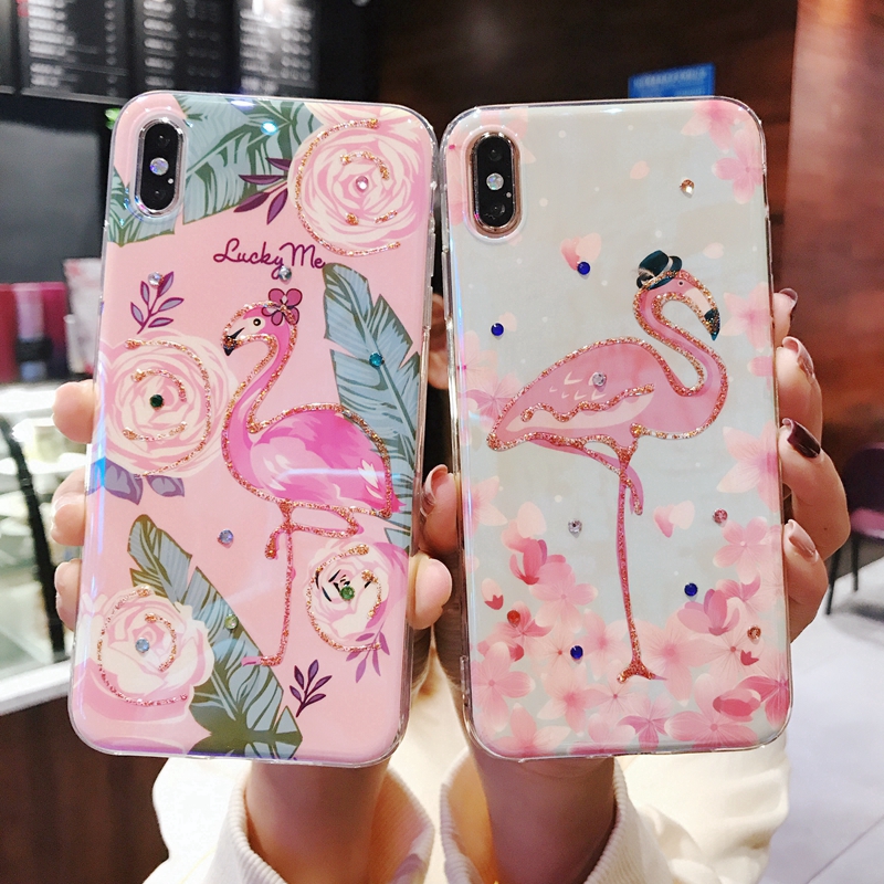 Ốp lưng mềm in hình chim hồng hạc đính đá lấp lánh cho IPhone X XS Max XR IPhone 8 7 6 6S Plus 11 Pro Max SE 2020