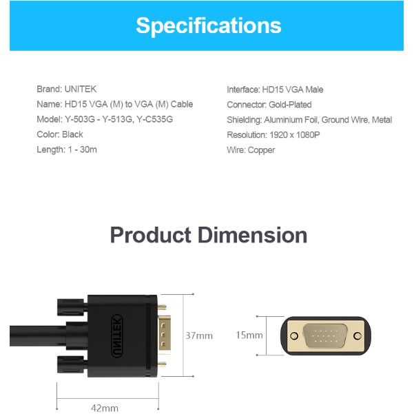 Cáp vga UNITEK 1.5M -CHÍNH HÃNG | WebRaoVat - webraovat.net.vn