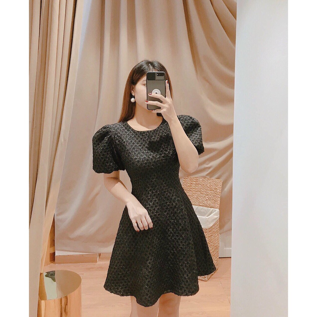 Đầm đen dự tiệc, Đầm thiết kế Cao Cấp cổ tròn dáng xòe tay bầu đi làm đi chơi