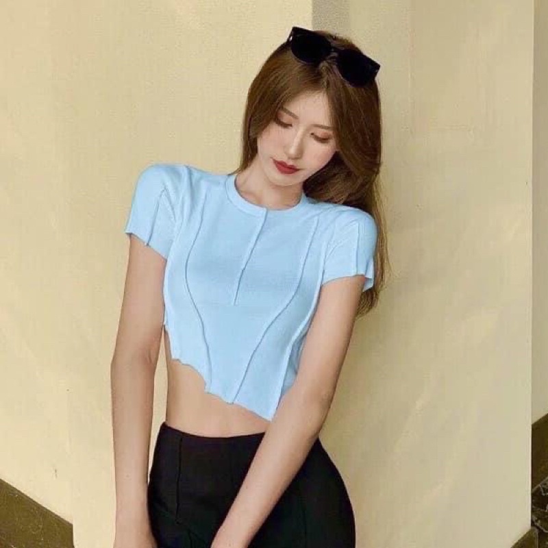 Áo Croptop Body Thun Gân Ngắn Tay Lệch Tà Viền Chỉ Nổi Cá Tính Năng Động Nổi Bật