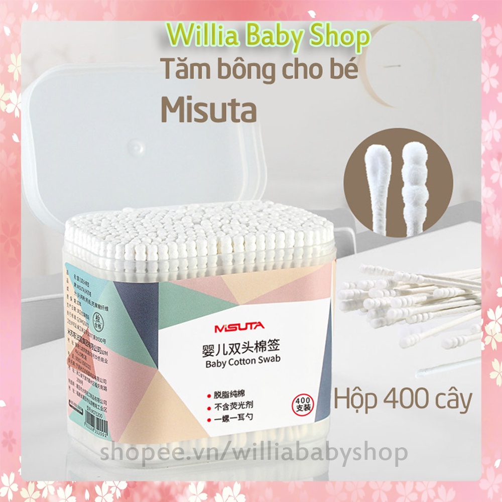 Tăm bông cho bé sơ sinh được làm từ bông tự nhiên hộp 400 que Misuta