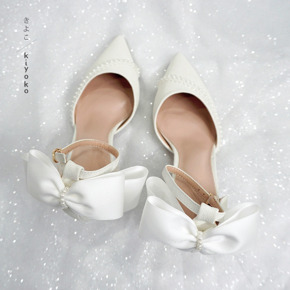 Giày cưới Kiyoko đính viền baby và NƠ SAU GÓT cao 7cm | có quai