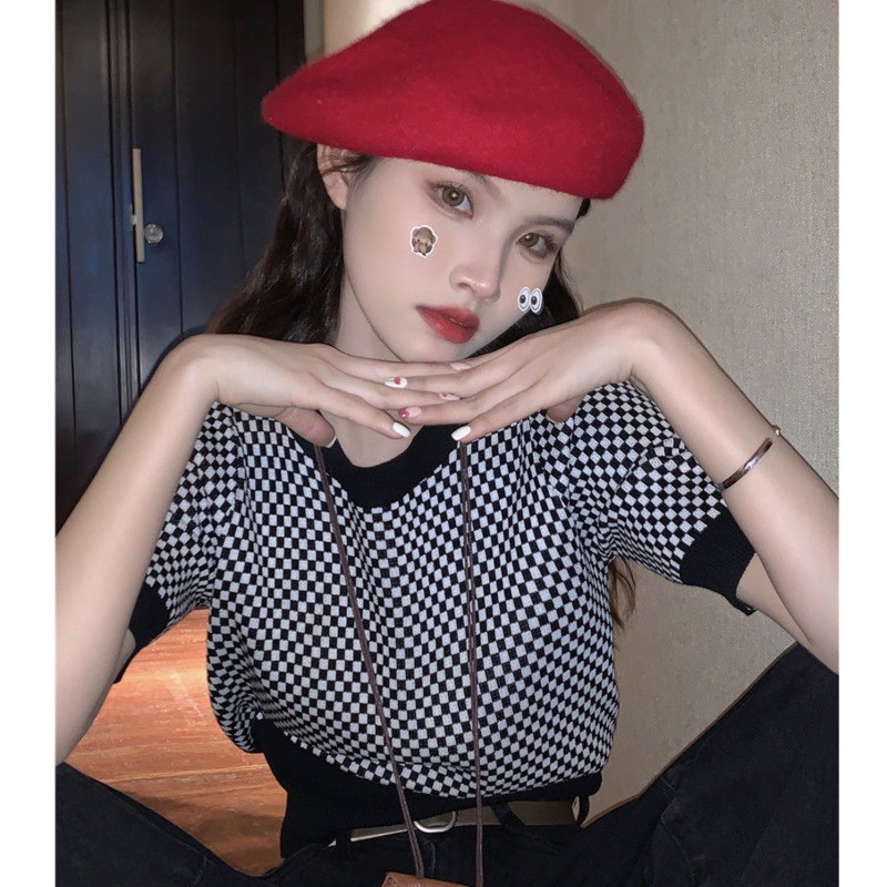 Áo Sweater Tay Ngắn Họa Tiết Sọc Caro Màu Tương Phản Thời Trang Mùa Hè Phong Cách Retro