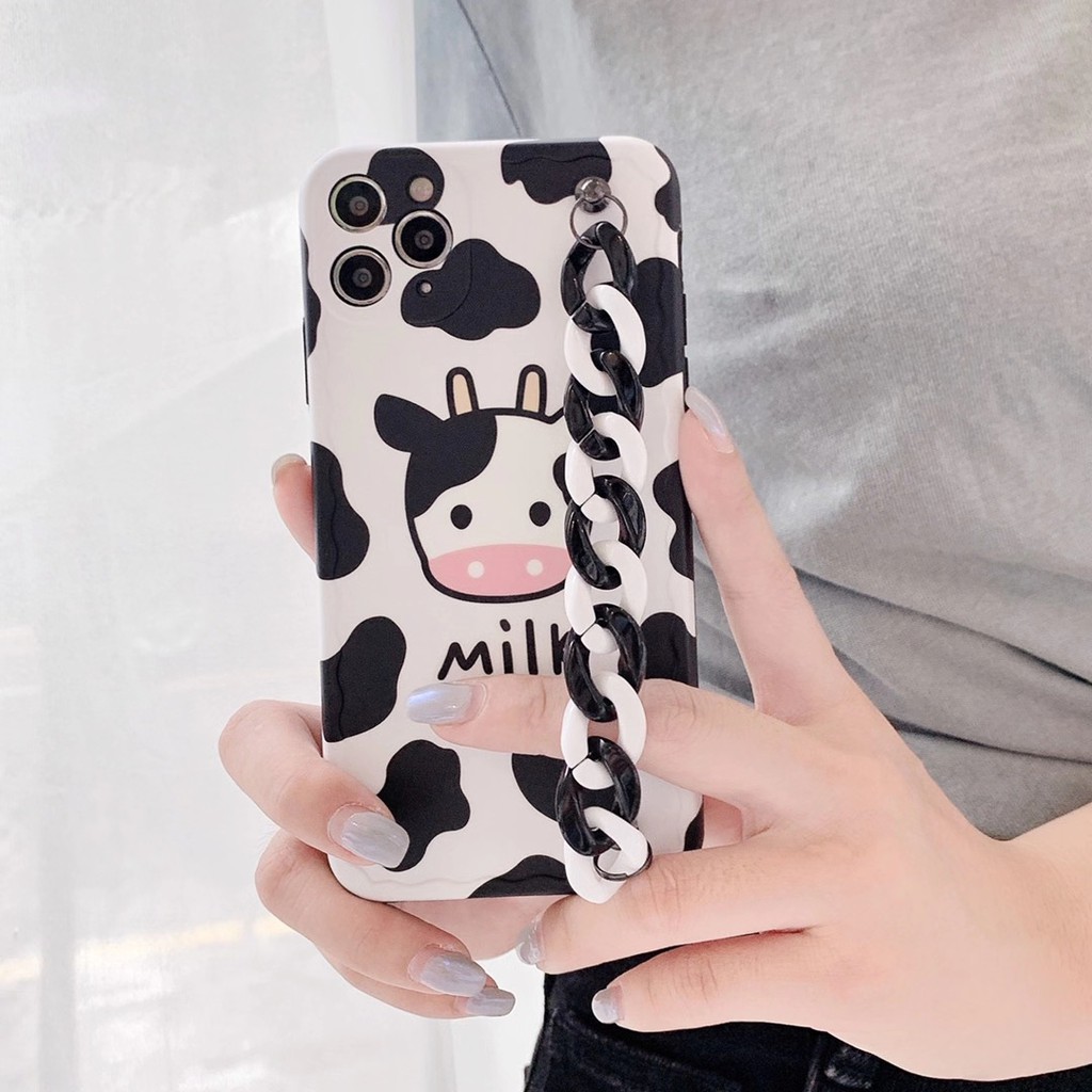 Ốp điện thoại mềm họa tiết bò sữa dễ thương kèm dây móc khóa cho iphone 11 pro max Xs Max XR X 7 8 Plus