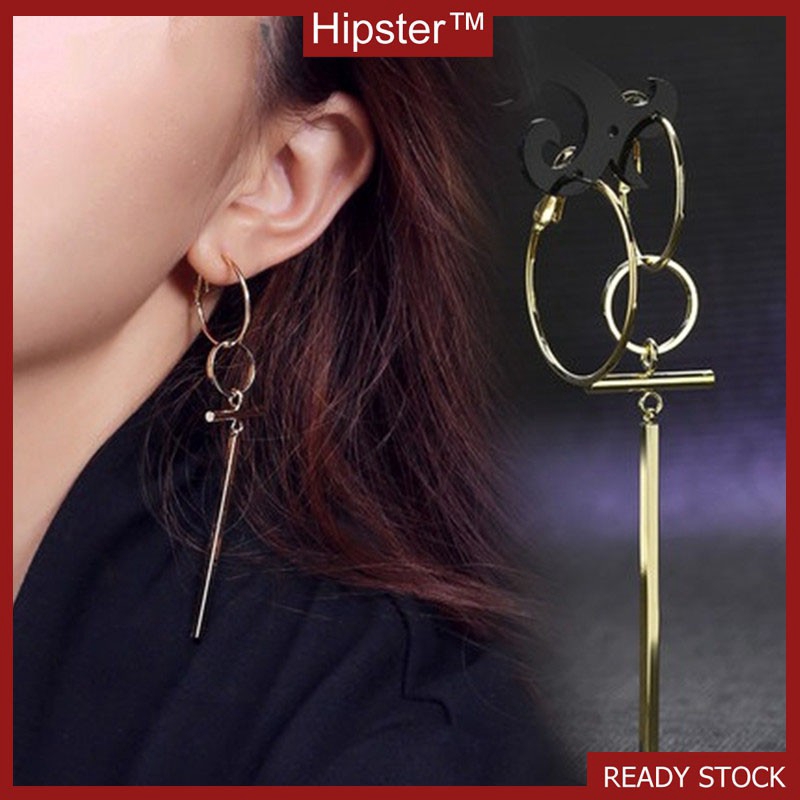 Bất Đối Xứng Bông Tai Vòng Tròn Nữ Hàn Quốc Thời Trang Trang Sức Bạc Thanh Lịch