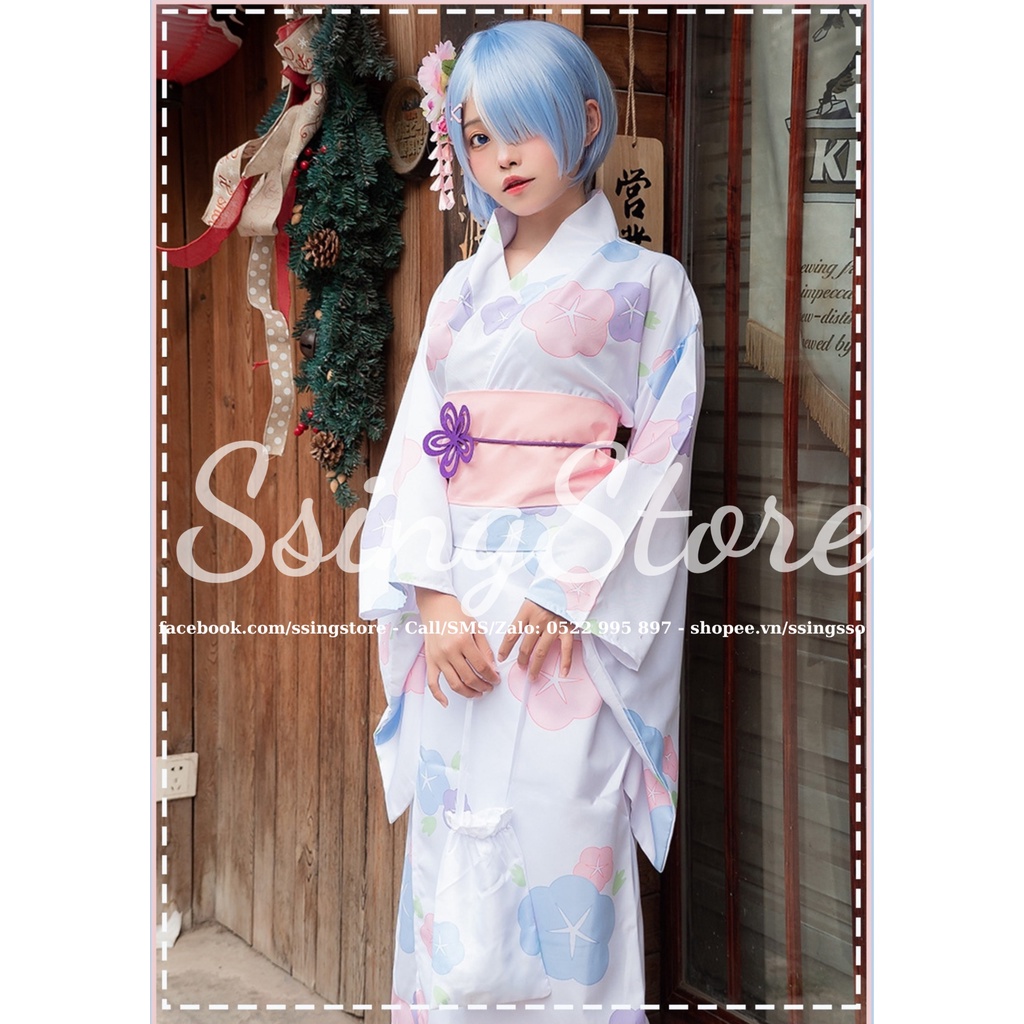 SSINGSTORE Set COSPLAY nhân vật Ram Rem trong anime Re Zero ver Kimono hoa anh đào Nhật Bản đáng yêu