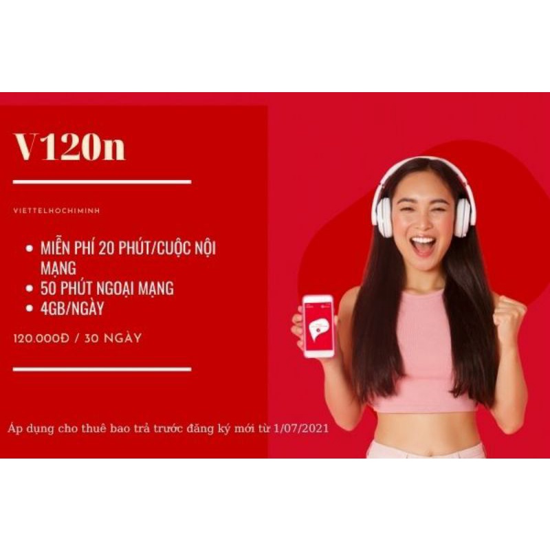 SIM 4G VIETTEL V120N [Miễn phí tháng đầu] , 4GB/ngày, miễn phí nội mạng, 50p ngoại mạng