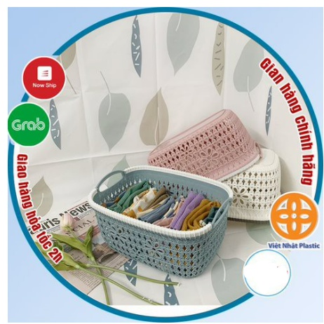 Rổ nhựa giả đan mây có quai cầm Việt Nhật, giỏ hoa 2 size màu pastel xinh xắn (MS: 3377)