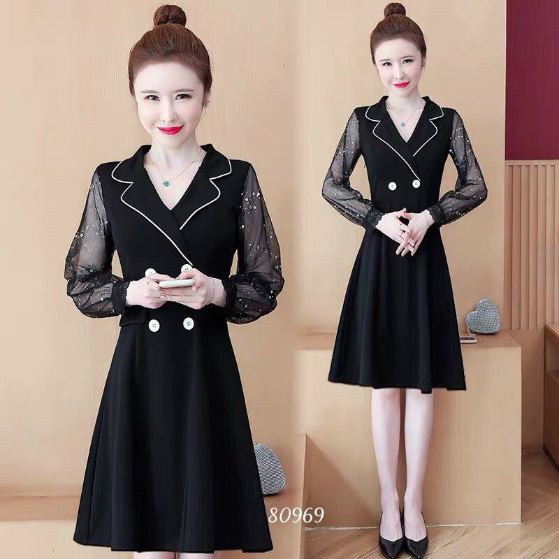 ĐẦM CÔNG SỞ CỔ VEST PHỐI NÚT DỄ THƯƠNG-D10