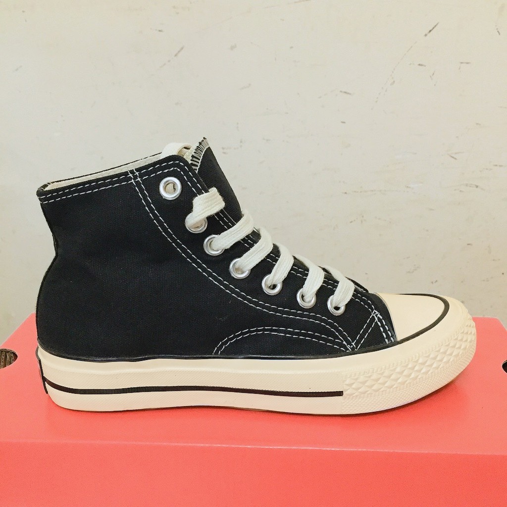 Giày thể thao nam nữ 1970s cao cổ CV1 đen trắng, đế cao màu kem, mũi giày bóng