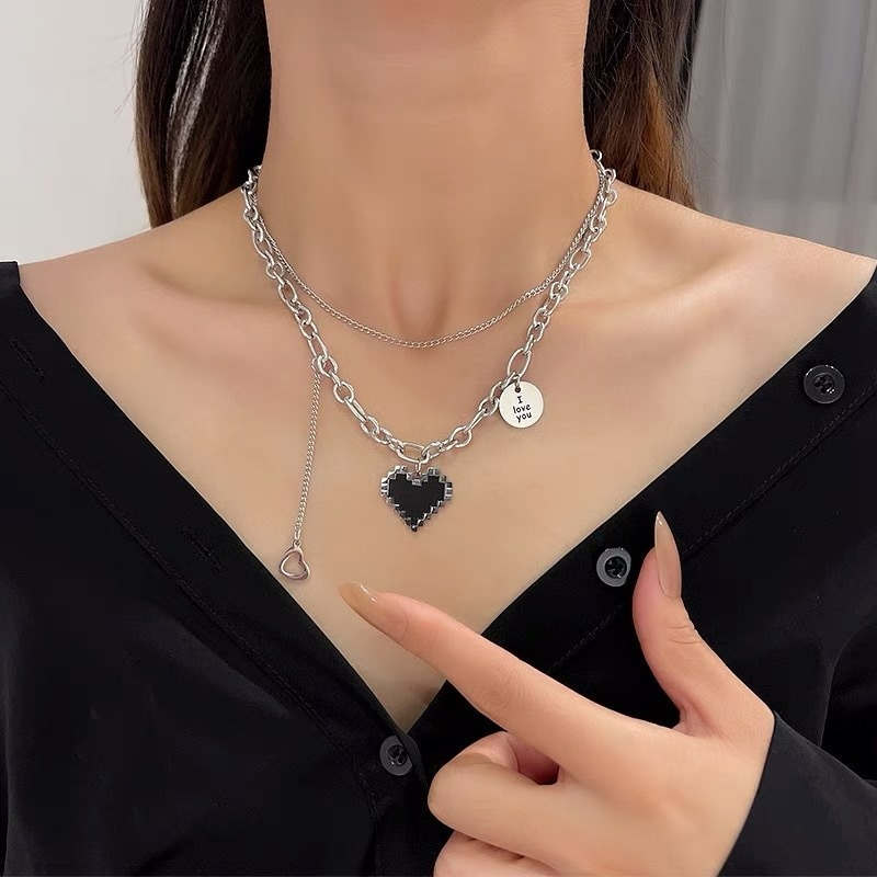 Vòng Cổ Hai Lớp Mặt Trái Tim Mosaic Màu Đen Phong Cách Punk Cổ Điển Thời Trang Cho Nữ
