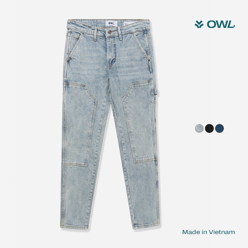 OWL BRAND® DOUBLE KNEE SKINNY JEANS - Quần jeans dài may đắp dáng ôm / Xanh dirty - OWL191021