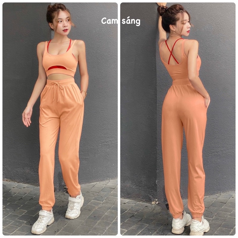 Bộ áo  bra thể thao quần thụng jogger 2 Lớp Siêu Hot tập gym yoga