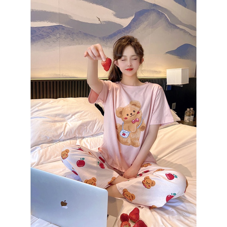 Bộ Đồ Ngủ Tay Ngắn Chất Liệu Cotton Cao Cấp In Họa Tiết Gấu Dễ Thương Thời Trang Mùa Hè 2022 Mới