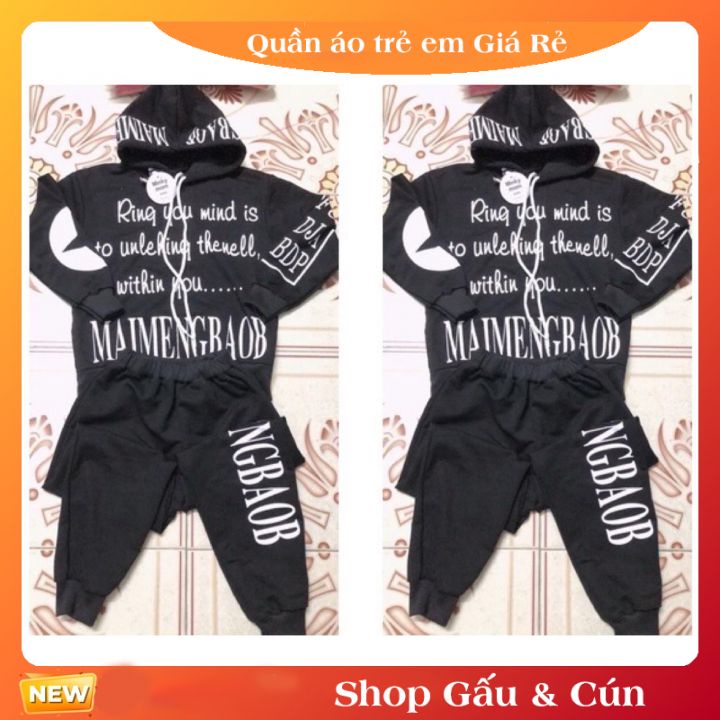 Bộ quần áo cho bé trai chất nỉ da cá , áo có mũ kiểu hoodie phối chữ trắng 20-35kg