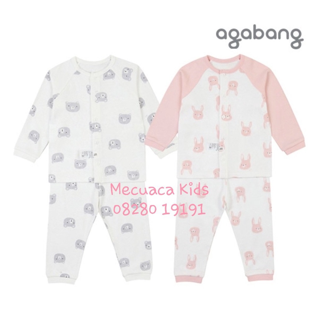 Bộ ngủ cotton dài tay thu đông Gấu và thỏ Agabang xuất Hàn dư xịn cho bé trai bé gái
