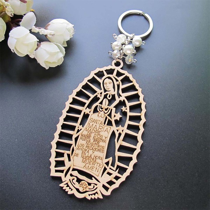 Móc khóa hình đức mẹ Maria bằng gỗ thơm cao cấp, móc khóa lưu niệm Công Giáo hình đức mẹ