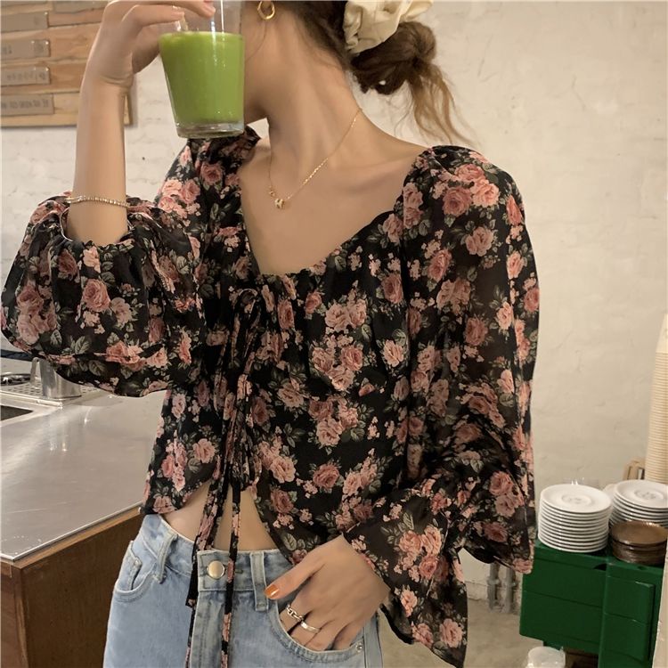 COZOK Áo Sơ Mi Chiffon Tay Dài Họa Tiết Hoa Thời Trang Cho Nữ